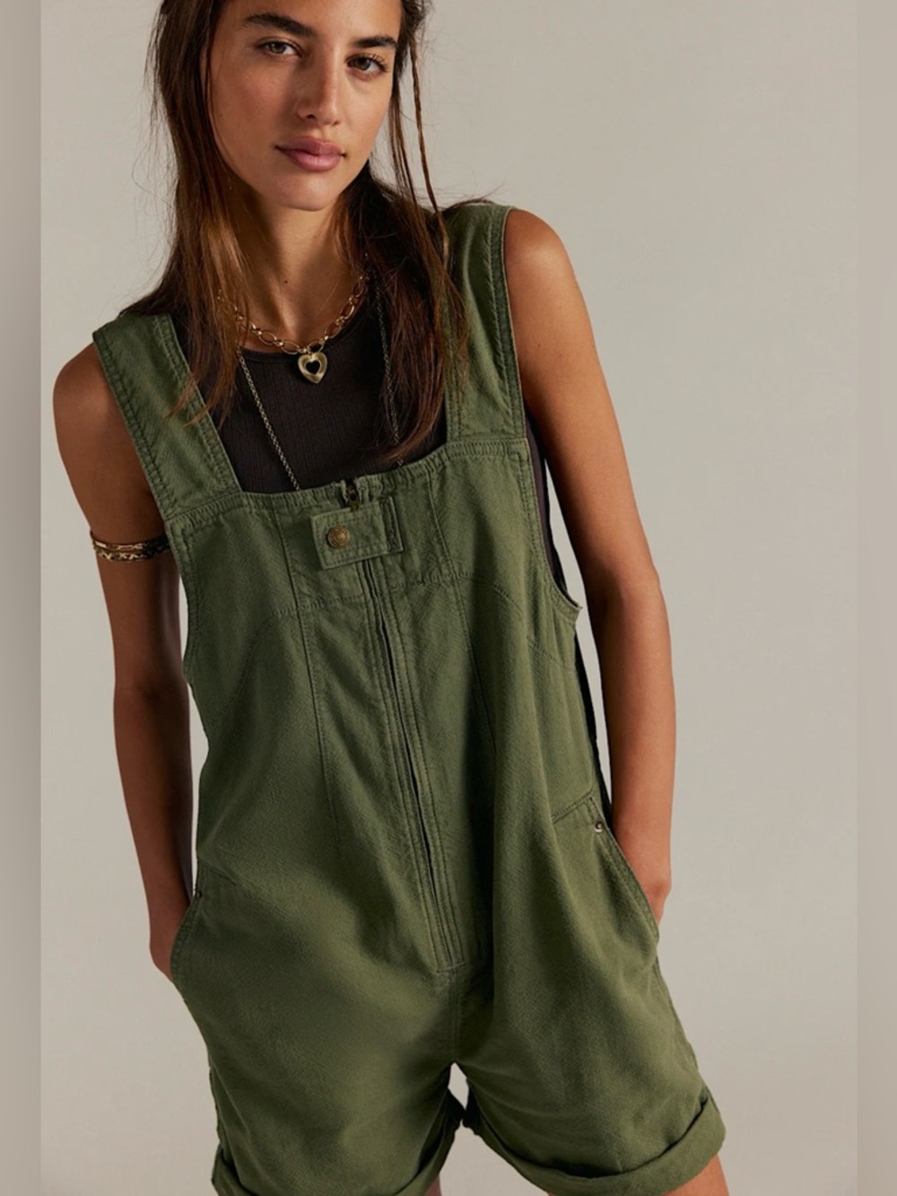 Free People Olive Green Denim Short Overalls